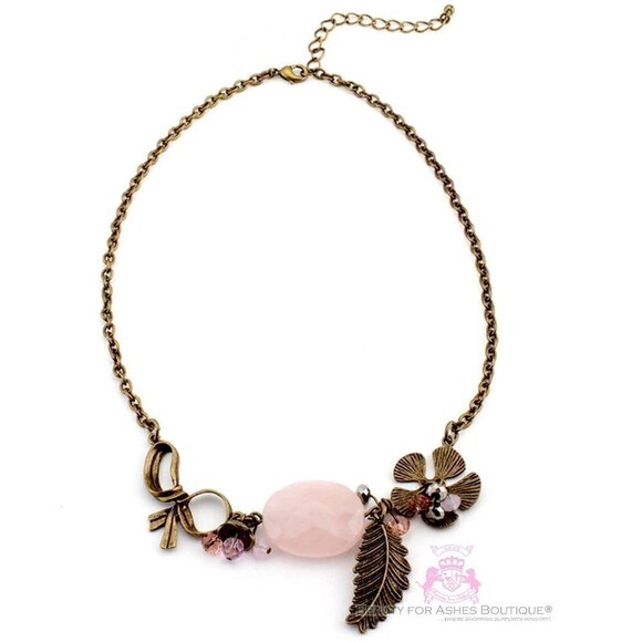 Natural Vintage Leaf Flower Rustic Glam Garden Rose Quartz Bow Stone Necklace - Picture 2 of 3